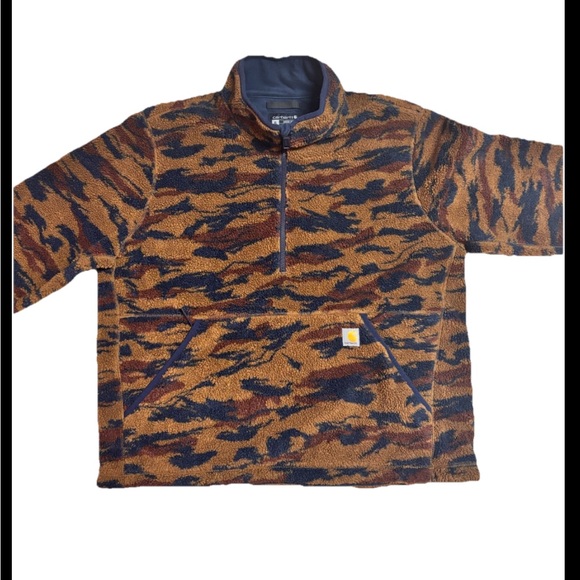 Carhartt Relaxed Fit 1/4 Zip Camo Brown Sherpa Fleece Pullover Jacket Sz XL - Picture 2 of 9